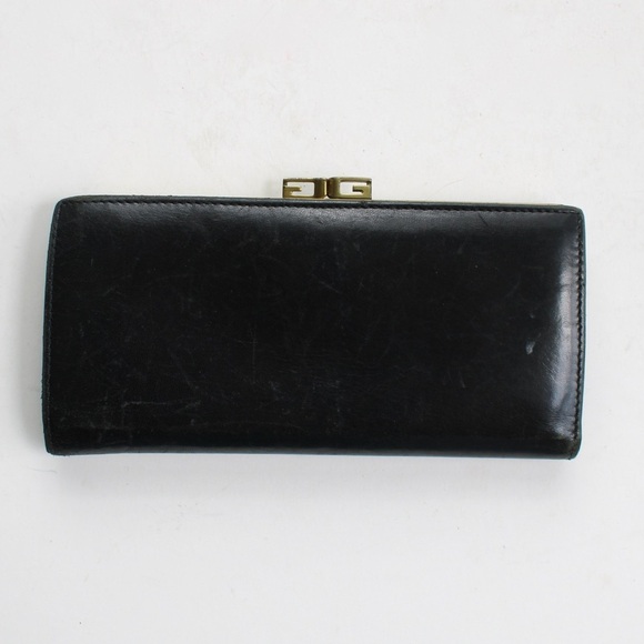Gucci Vintage Rare Long Bifold Black Leather Clutch Wallet Signature GG Kisslock - Picture 1 of 11